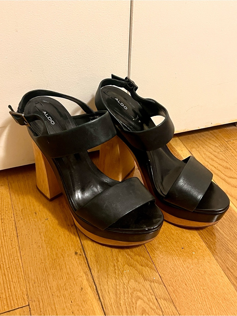 Aldo Black Leather Chunky Wood Platform Sandals Size 7; Aldo Wood Block Heel - Picture 1 of 4